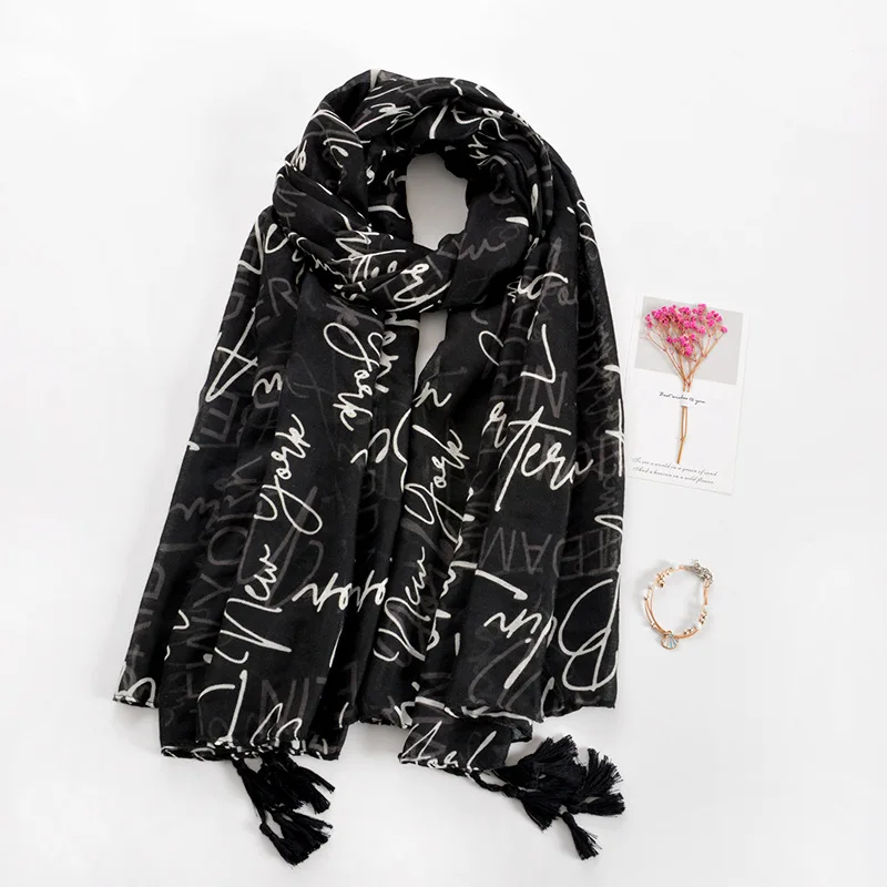 

2022 New Letter Pattern Tassel Scarf Shawls Women Long Soft Travel Hijab Wrap Scarves Free Shipping