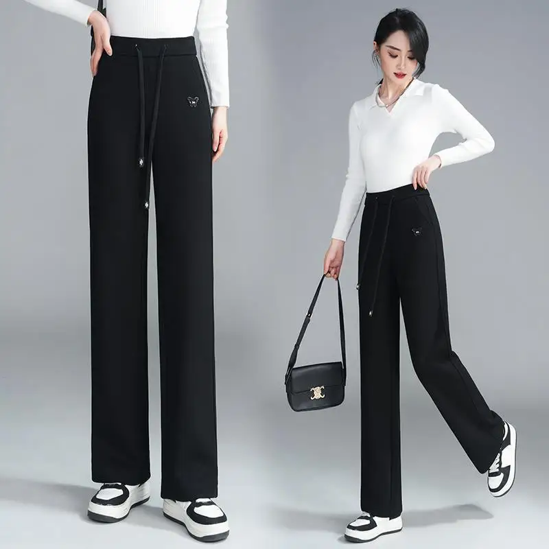 Women's Wide-Leg Pants Autumn and Winter Women's Pants Spring and Autumn Black Loose Waist Trimming Casual Pants Women's