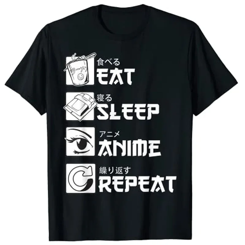 

Eat Sleep Anime Repeat Shirt, Anime Manga Shirts Gifts T-Shirt Graphic Tee Tops Cartoon Life Style Letters Printed Outfits Gifts