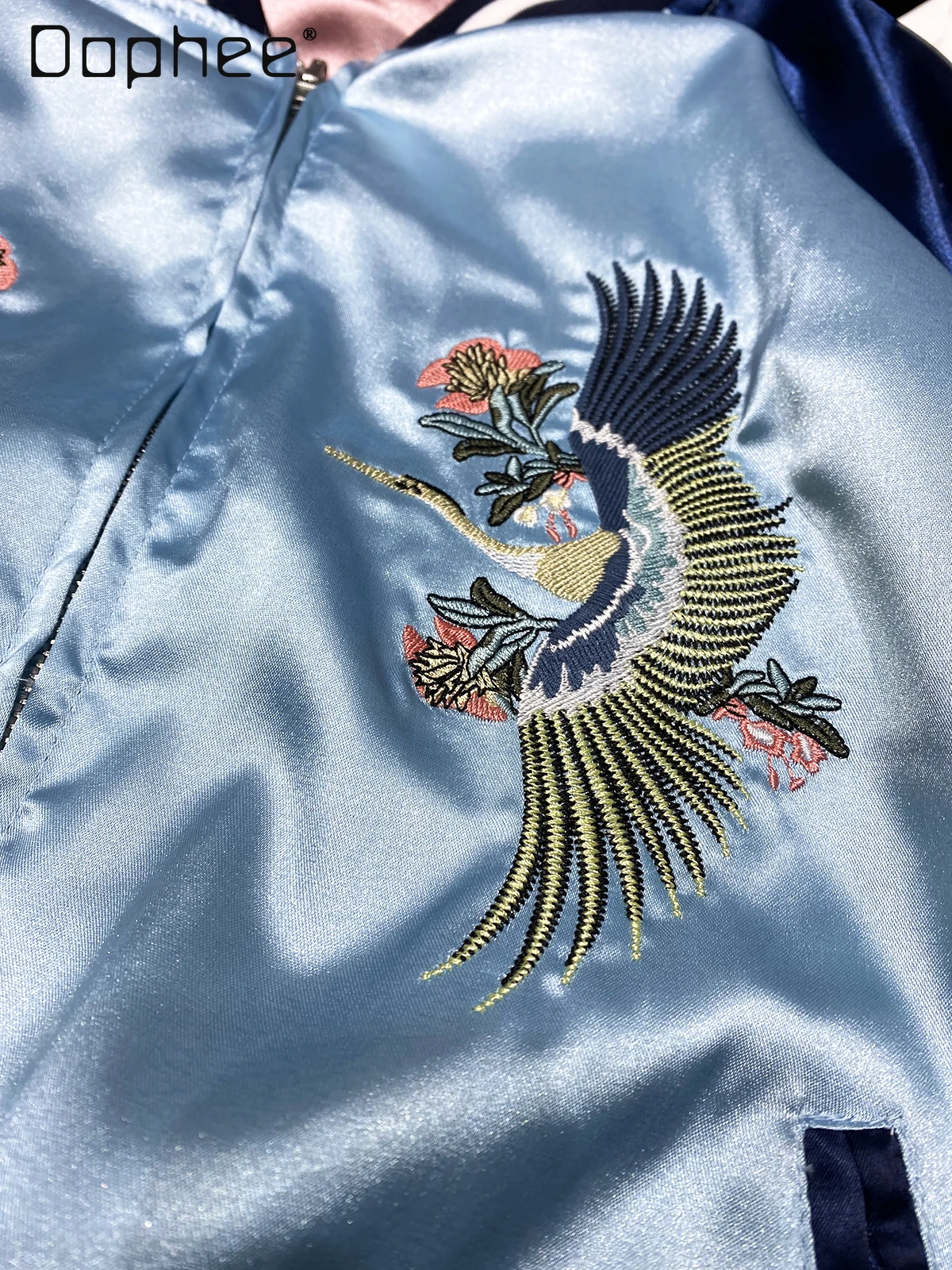 Korea Chic Heavy Embroidery Satin Baseball Jacket Reversible Imitation Satin Glossy Patchwork Loose Casual Jackets for Women