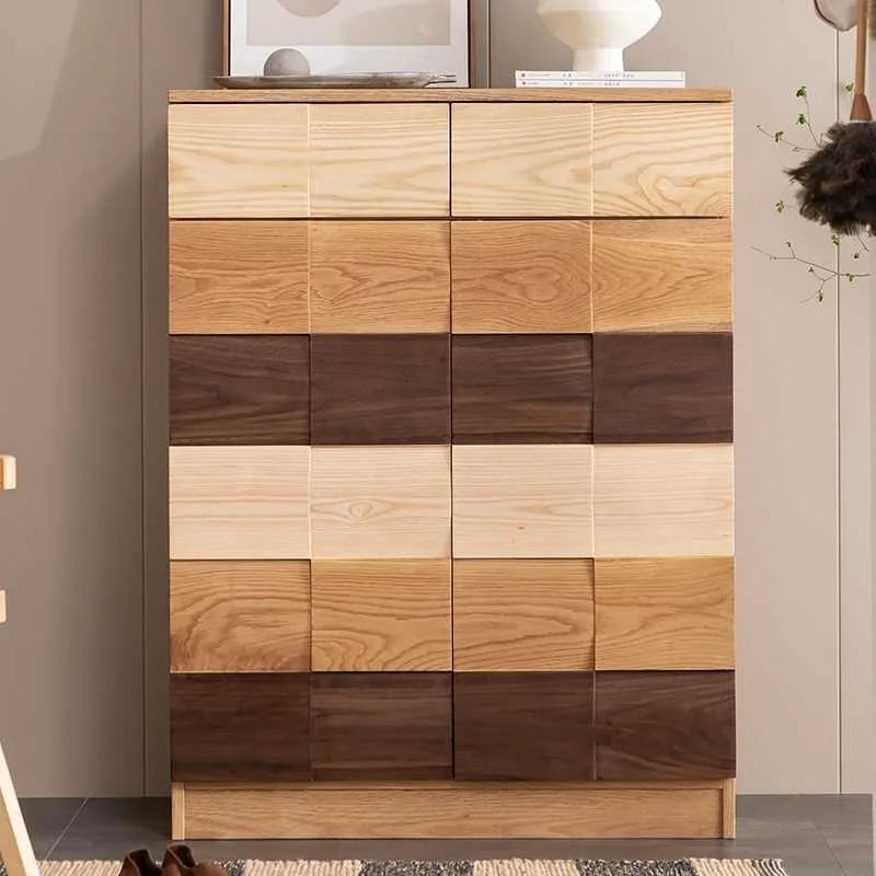 

Japanese-style plaid solid wood shoe cabinet, simple household locker storage at the entrance of the living room entry locker
