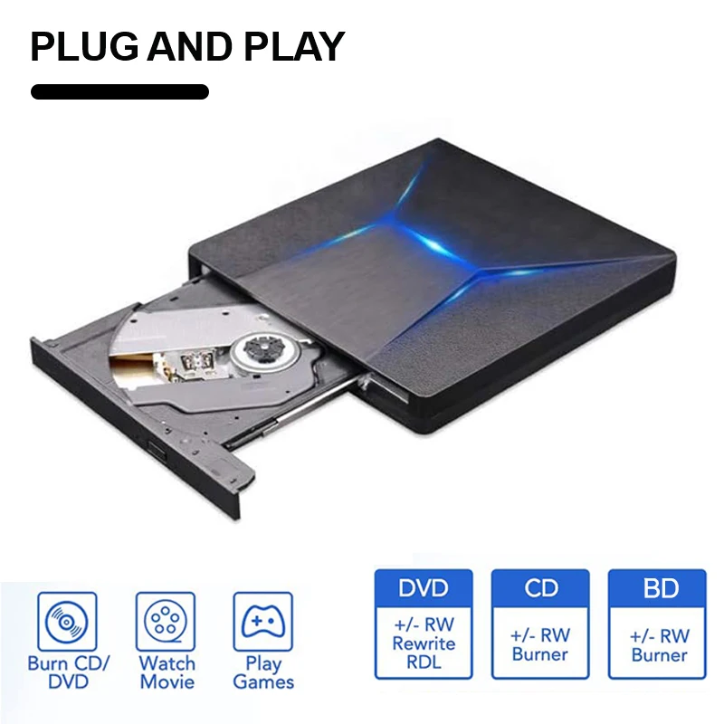 ​External Blu ray Drive USB3.0 Type-C 3D Bluray Player CD DVD Burner Recorder for Laptop PC Computer Windows 10 11 Mac