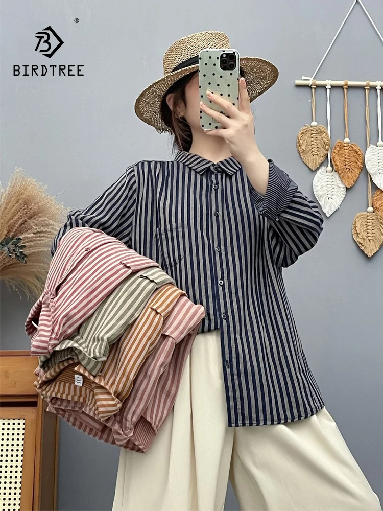 

New 2025 Autumn Cotton Yarn Long Sleeve Shirt, Women Turn-down Collar Striped, Mori Girl Fashion Casual Loose Blouse T58946CC