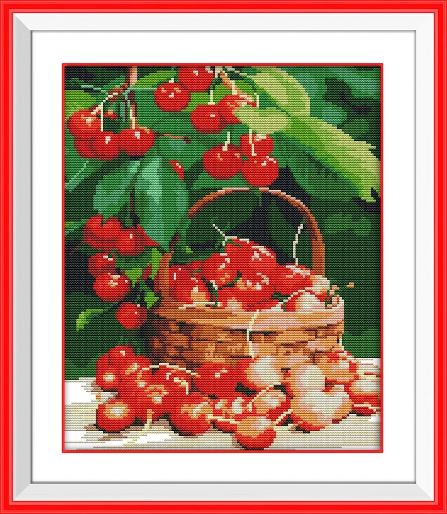 

Joy Sunday New Printed Cross Stitch Kit Easy Pattern Aida Stamped Fabric Embroidery Set-Fresh Cherries (2)