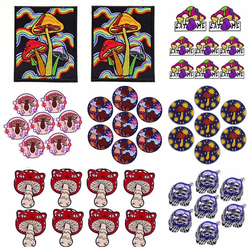 10pcs/lots Wholesale Cartoon Mushroom Embroidery Patch Iron On Patches For Clothing thermoadhesive Patches On Clothes Jacket DIY