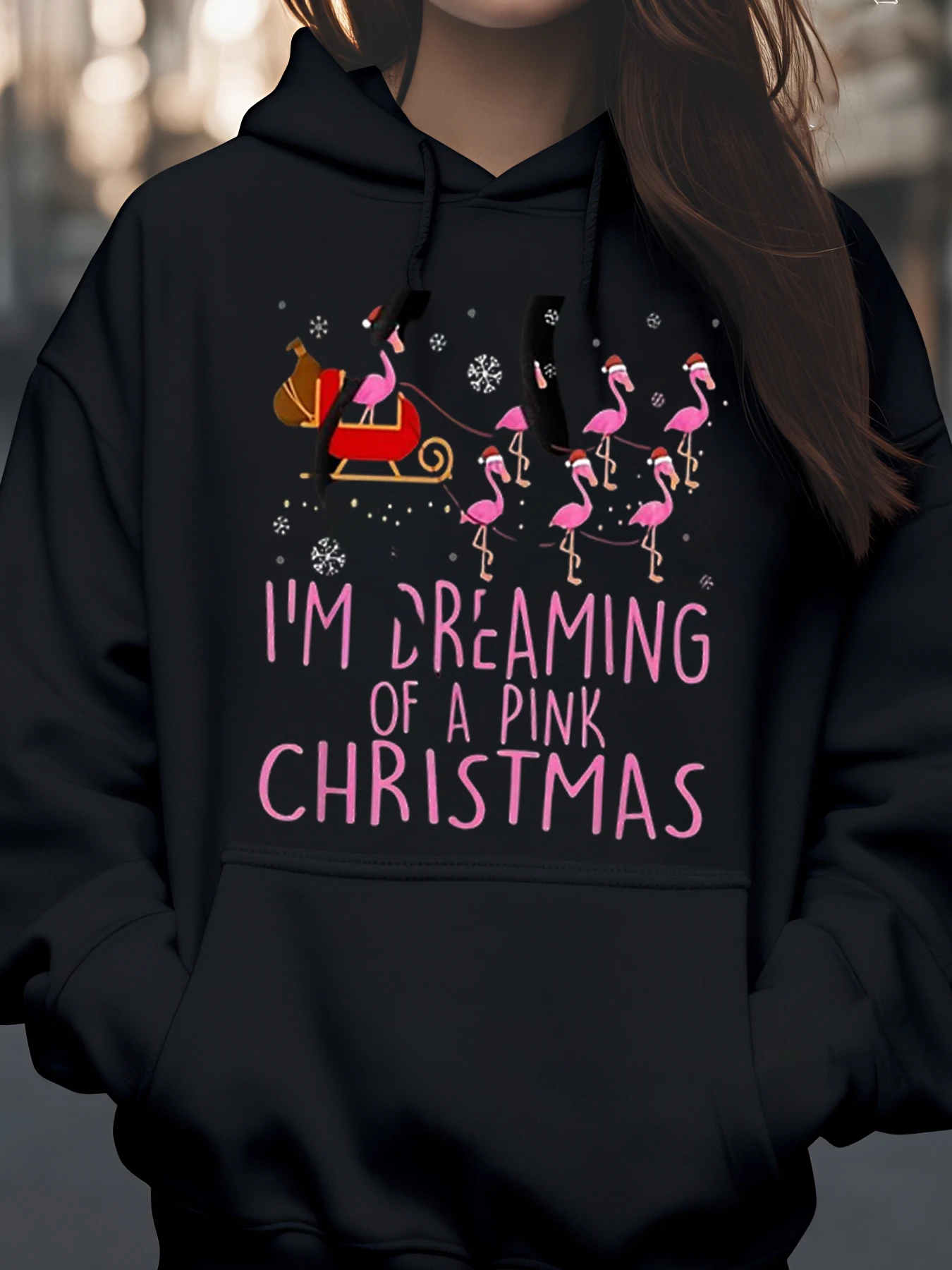 فلامنغو سانتا مزلقة الوردي عيد الميلاد طباعة هوديي عطلة عارضة ارتداء النساء