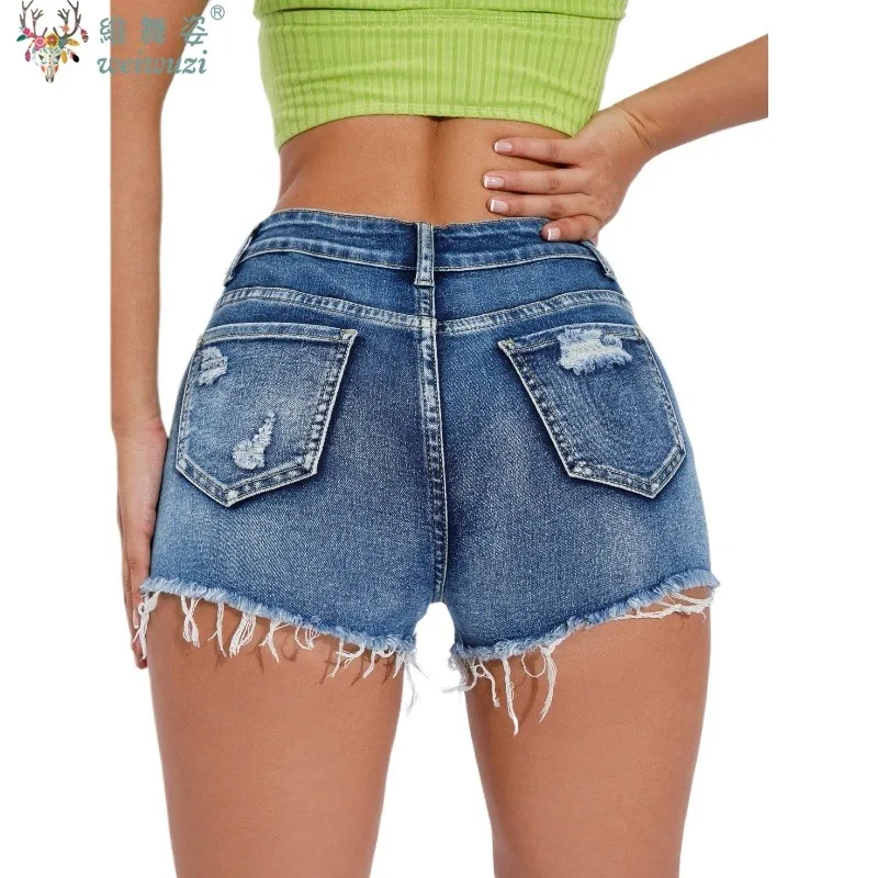 Vintage Denim Shorts Jeans for Women Fashion A-line Ripped Hem Hot Pants Streetwear Skinny Elastic Sexy Beach Vacation Shorts - Image 2
