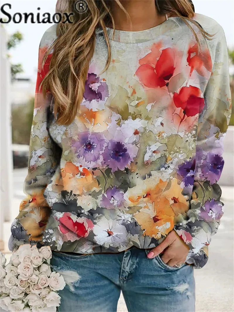 

Women Sweatshirts 2022 Autumn Winter Fashion Floral Print Long Sleeve Pullover Female Crew Neck Loose Hoodies Streetwear Commute