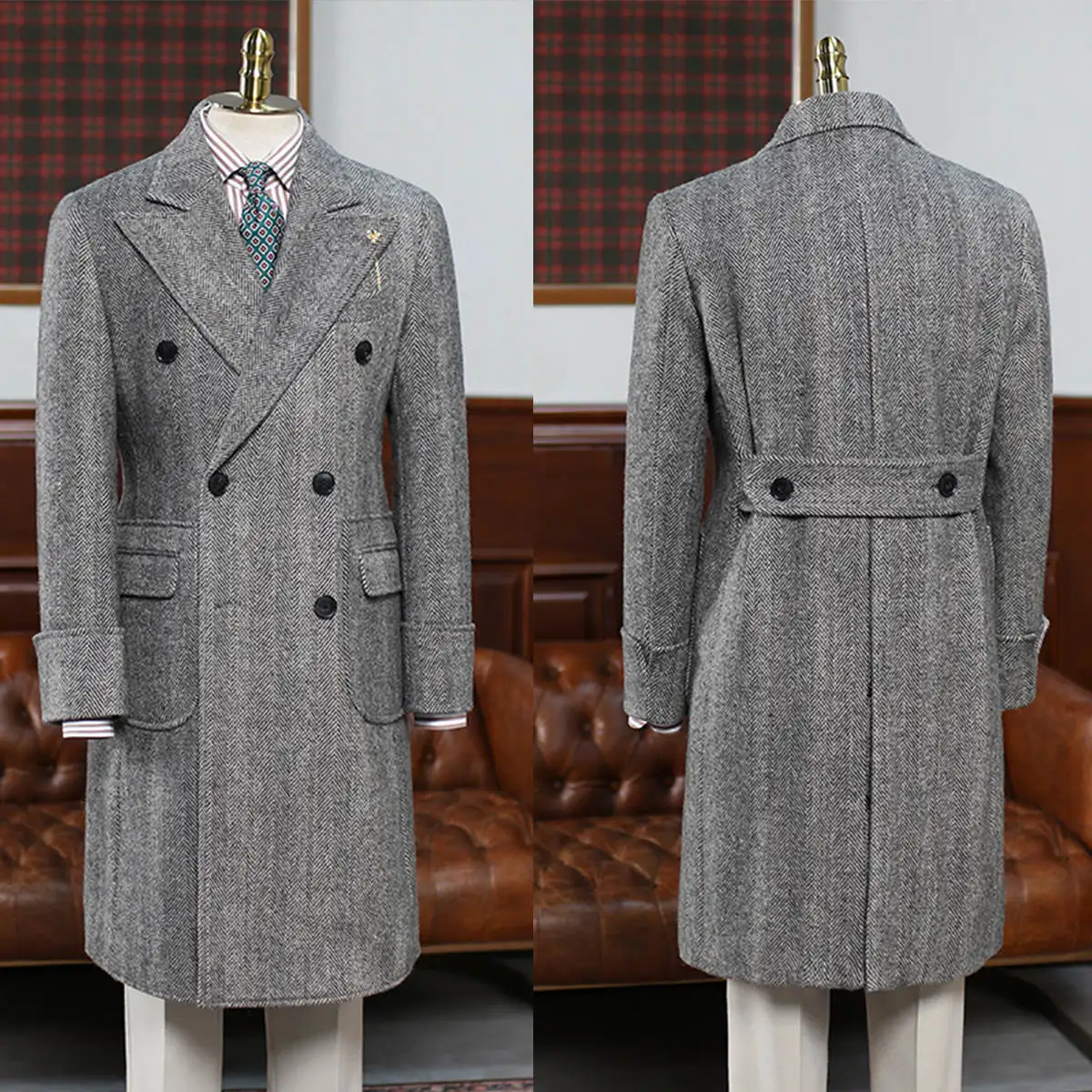 

Classic Men Long Coat Wool Blends Peaked Lapel Trench Coats Double Breasted Warm Jacket Plus Size Business Blazers Customized