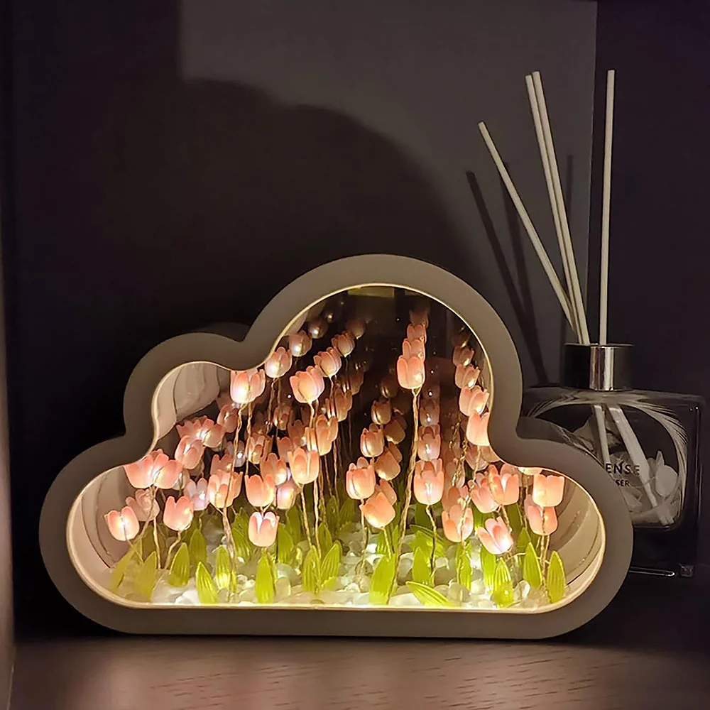 DIY LED Tulip Night Light Cloud Lamp Decorative Mirrors Photo Frame Bedroom Room Decor Table Lamp Bedside Atmosphere Night Light