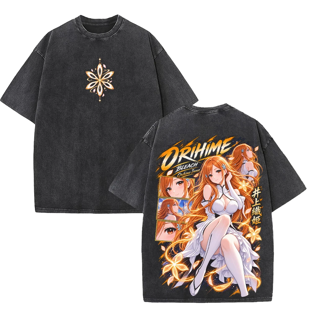 Harajuku Anime Bleach Orihime Inoue T Shirt Vintage Washed Streetwear Men Women Clothing Short Sleeve High Quality T-shirt Tops