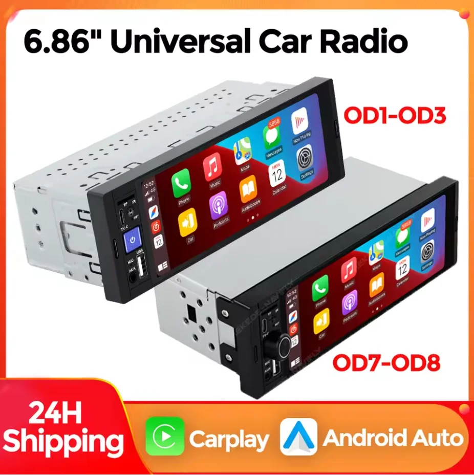 New OD8 6.86'' Wireless Carplay Android auto Universal 1 Din Car Stereo Video Radio Smart Car systems FM Receiver Camera Aux BT