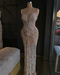 Champagne Party Dress See Through Full Pearls Mermaid Evening Gowns 2024 Spaghetti Straps Beaded Prom Dresses Handmade Flower