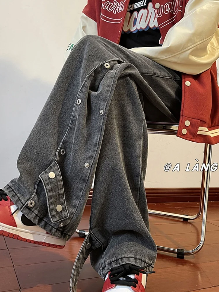 

Deconstructed Hip Hop Street Sle Jeans Hidden Button Straight Leg Spring Autumn Wear Resistant Casual Loose Fit Jeans