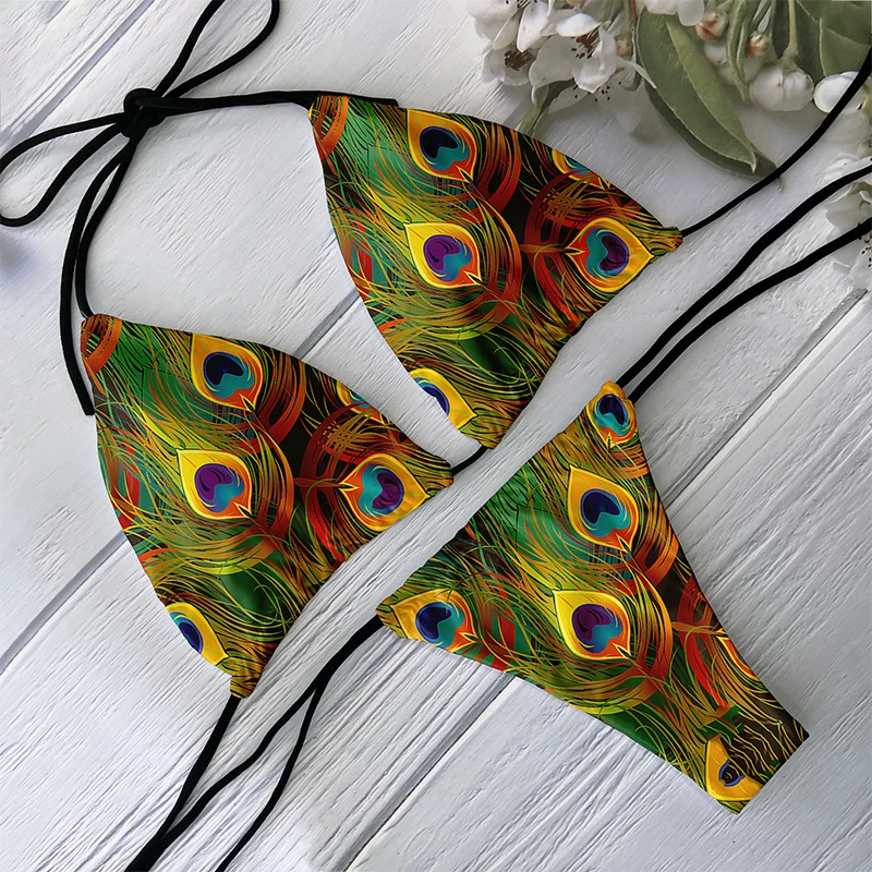 Fashion Ladies Bikini Set 3D Printed Peacock Feather Pattern Split Swimsuit Deep V Lace up Sexy Beach Vacation Surfing Swimsuit