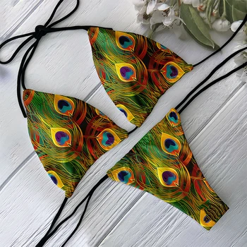 Modischer Damen-Bikini-Set, 3D-gedruckt, Pfauenfeder-Muster, geteilter Badeanzug, tiefer V-Ausschnitt, Schnürung, sexy Strandurlaub, Surf-Badeanzug