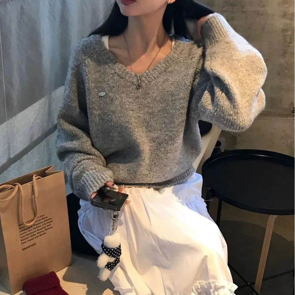 Chic V-Neck Loose Women's Sweater Soft Fluffy Knitted Top Autumn Winter Versatile Lazy Style Comfortable Breathable Fashion