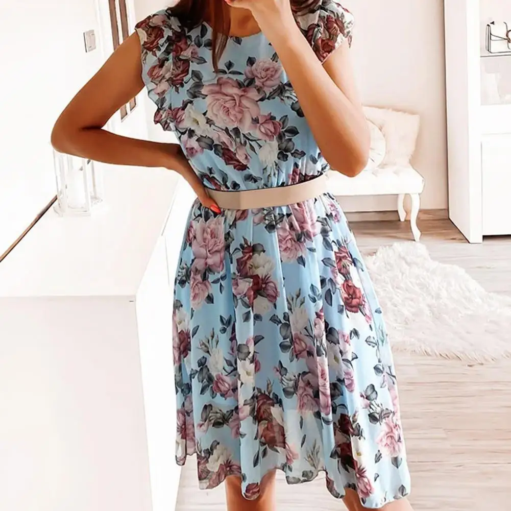 

Skin-touching Comfy Women Flower Print Ruffle Short Sleeve Midi Dress Female Clothing