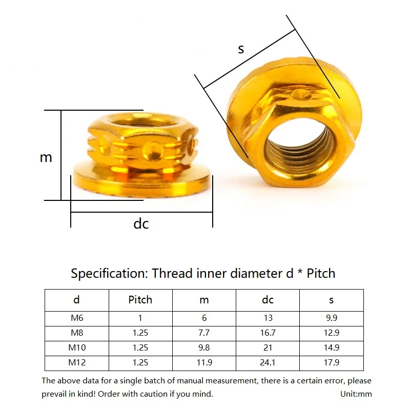 1pcs M6 M8 M10 M12 304 Stainless Steel Burn Gloden Colour Flange Hex Nuts For Motorcycle Car
