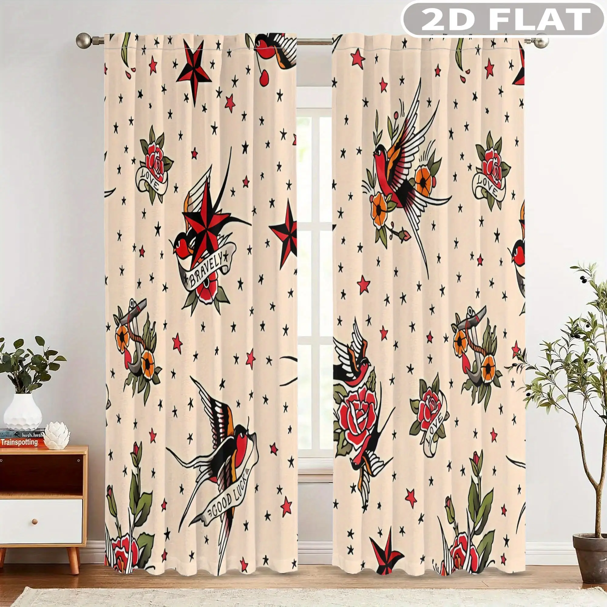 

2pcs Curtains Tattoo Style Birds Roses Stars for Balcony, Bedroom, Study, Living Room, for Spring & Summer Machine Washable