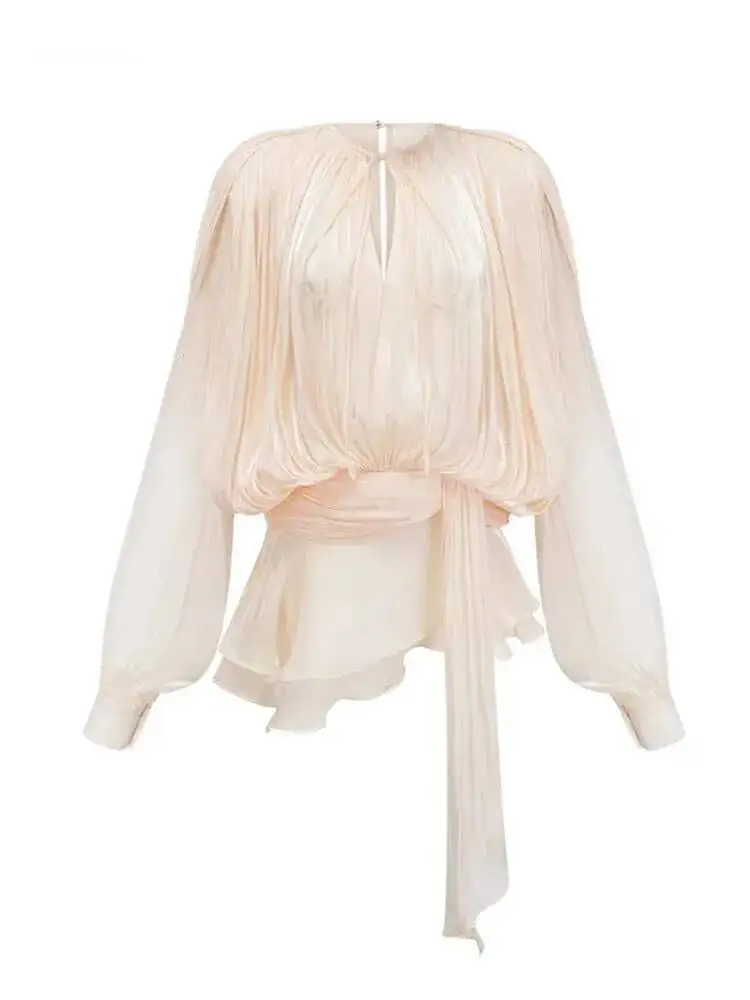 Fashion Elegant Ruched Mini Dress For Women Round Neck Lantern Long Sleeve High Waist Temperament Dresses Female Fashion P4CE