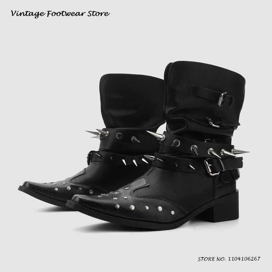 

Spike Embellished Leather Ankel Boots Punk Style Pointed Toe Chunky Heel Western Booties 2025 Spring Autumn Women's Modern Boots