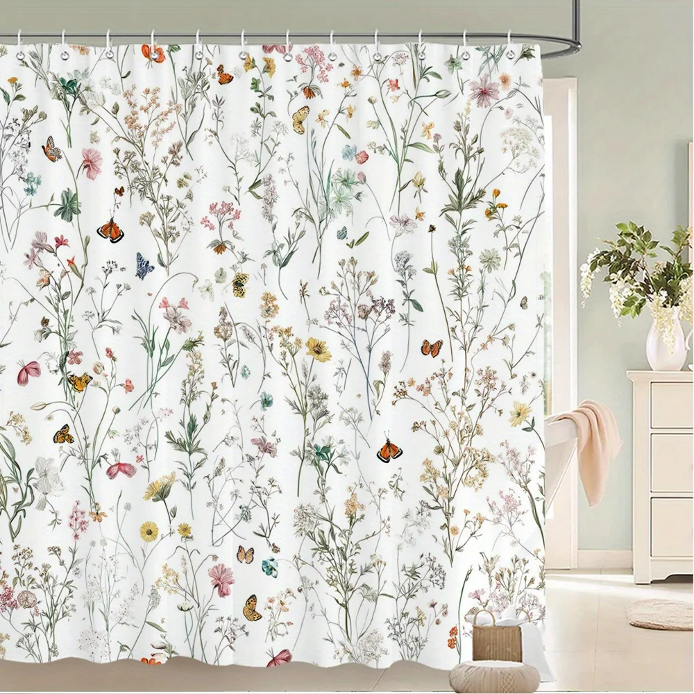 Watercolor Floral Shower Curtain – Wildflowers, Grasses & Butterflies, Seamless Botanical Print, 12 Hooks, 70.8×70.8 in,