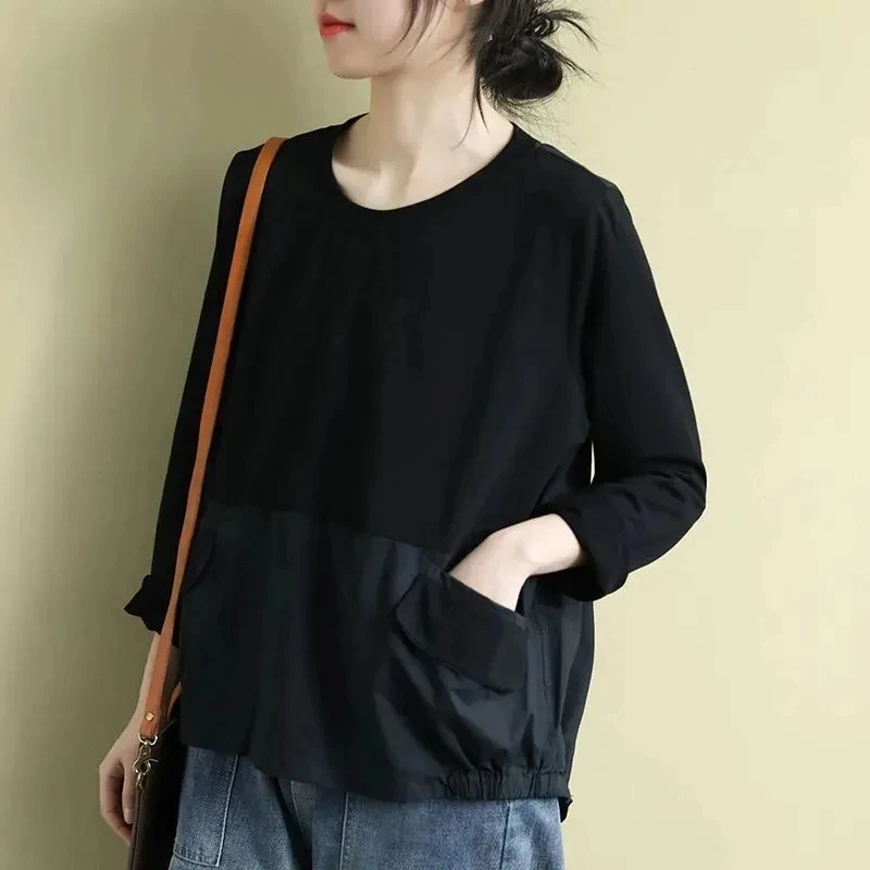 Ele Long Sve Women's T-irt Loose Design Sensation  Trendy Top Commute Sle Pure Color  Collar Regular Length