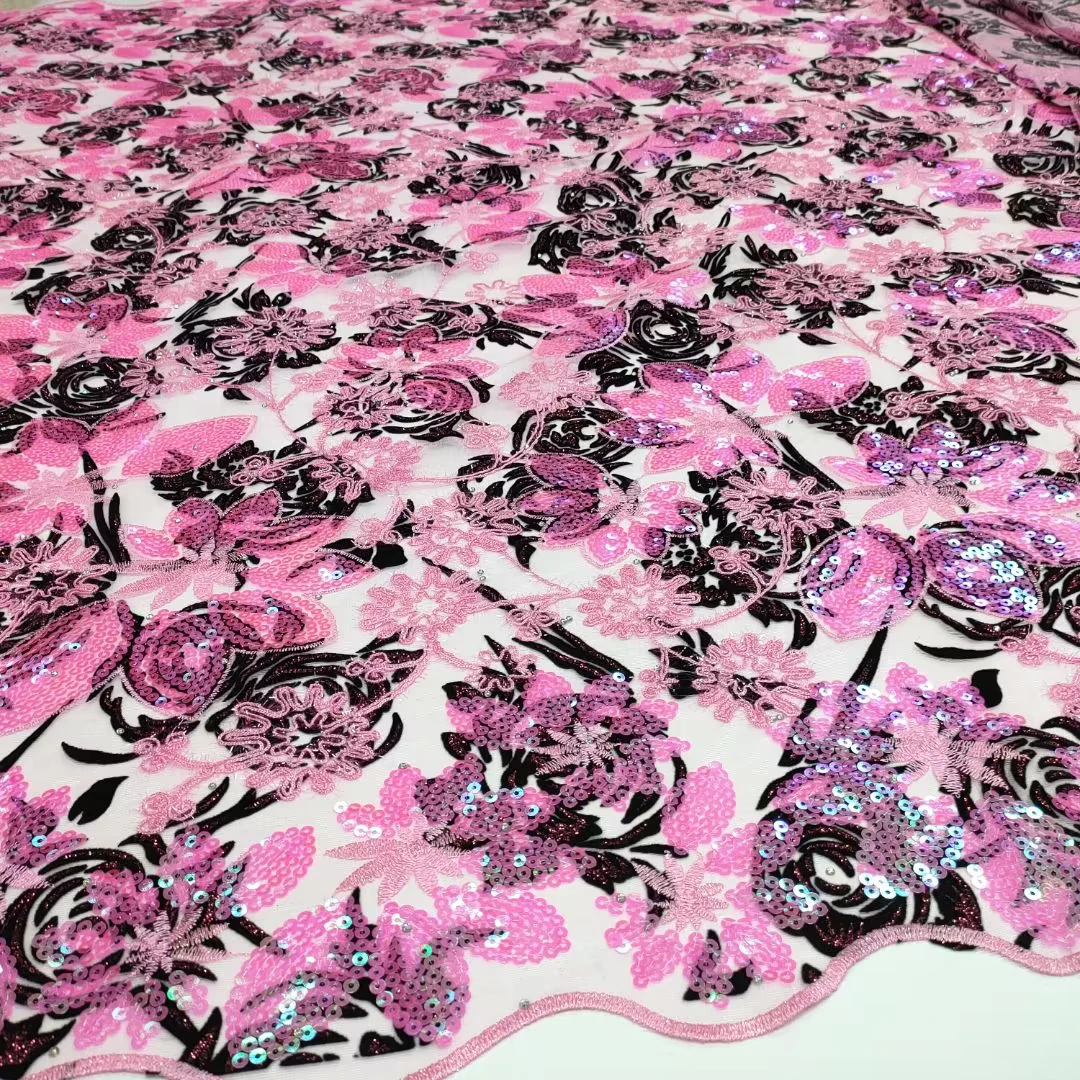 

(5yards/pc) Beautiful embroidered French net lace pink African tulle lace fabric with sequins for party dress FTY018