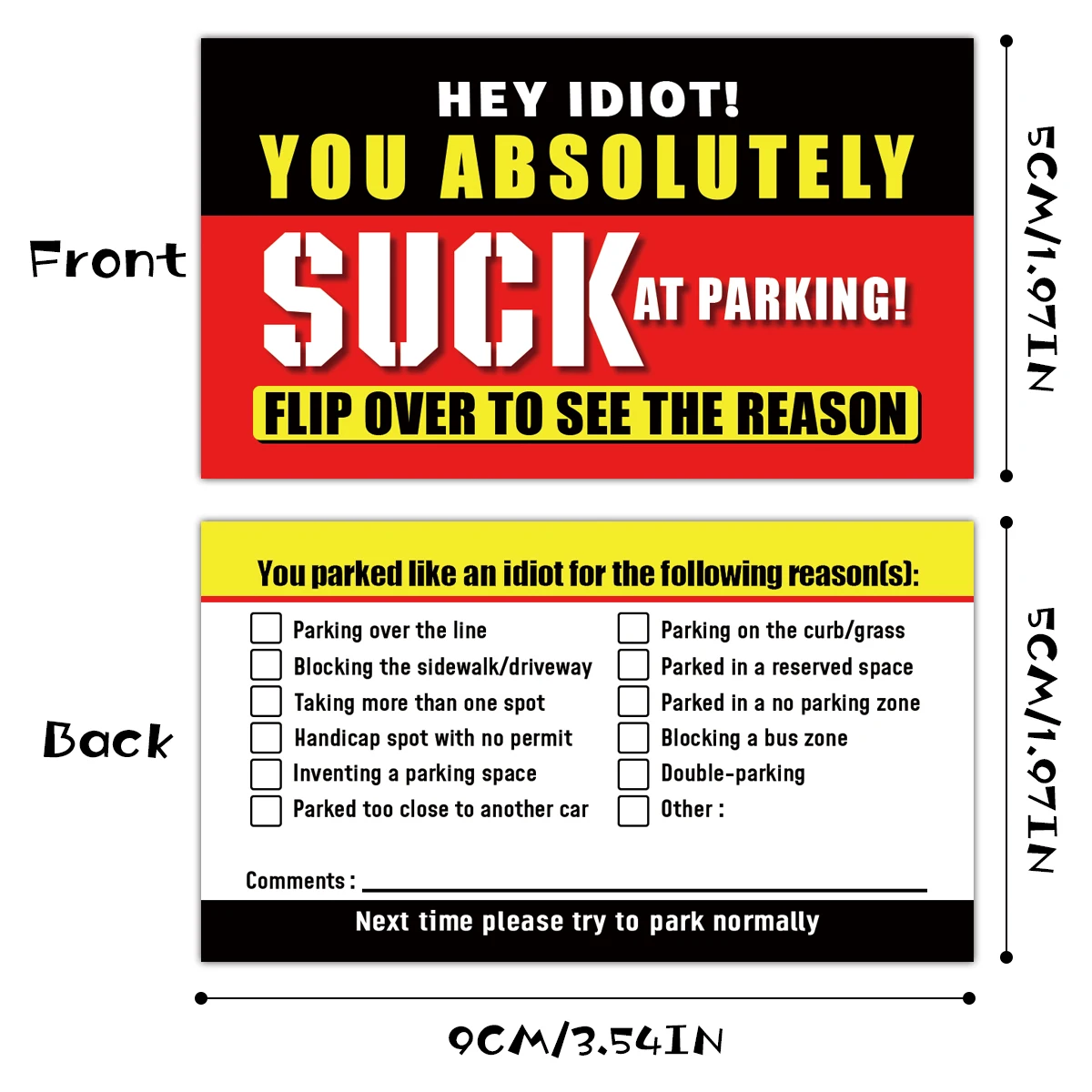 (Pack Of 50)Bad Parking Cards  You Parked Like An Idiot Business Cards 3.54