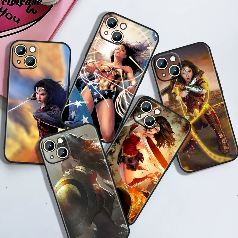 Cute Wonder Woman For iPhone 15 14 13 12 11 XS XR X 8 7 6 6S 5 5S Pro Max Plus Black Shockproof Phone Case