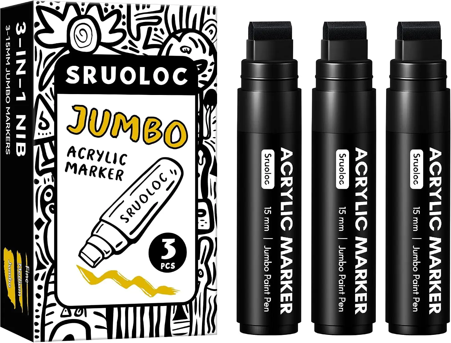

3 Jumbo Permanent Markers Black, 15mm Wide Tip, Acrylic Paint Markers for Rock, Poster, Stone, Ceramic, Glass, Wood, Canvas
