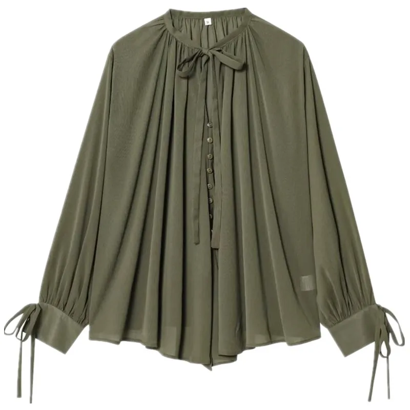 

Women's Loose Commuting Shirts Round Neck Solid Color Casual Long Sleeve Autumn Streetwear Laceup Design All Match Top