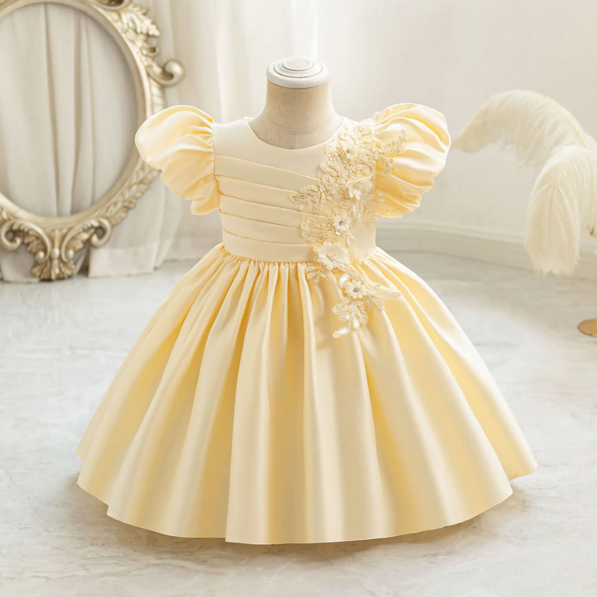 Girls dress autumn satin new children's flower girl dress birthday host foreign princess skirt