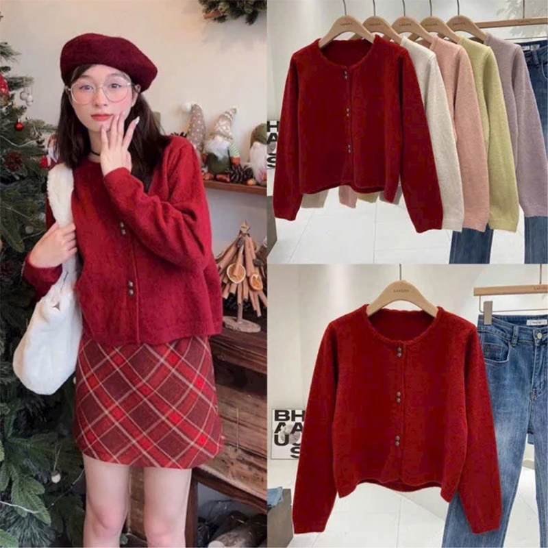 Women's Korean Solid Color Round Neck Long Sleeve Rose Button Short Knitted Cardigan