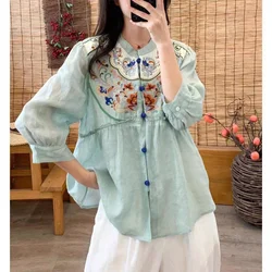 Women Spring Summer New Stand Up Collar Cotton Hemp Cardigan Fashion Ethnic Style Embroidery Button Versatile Long Sleeved Tops