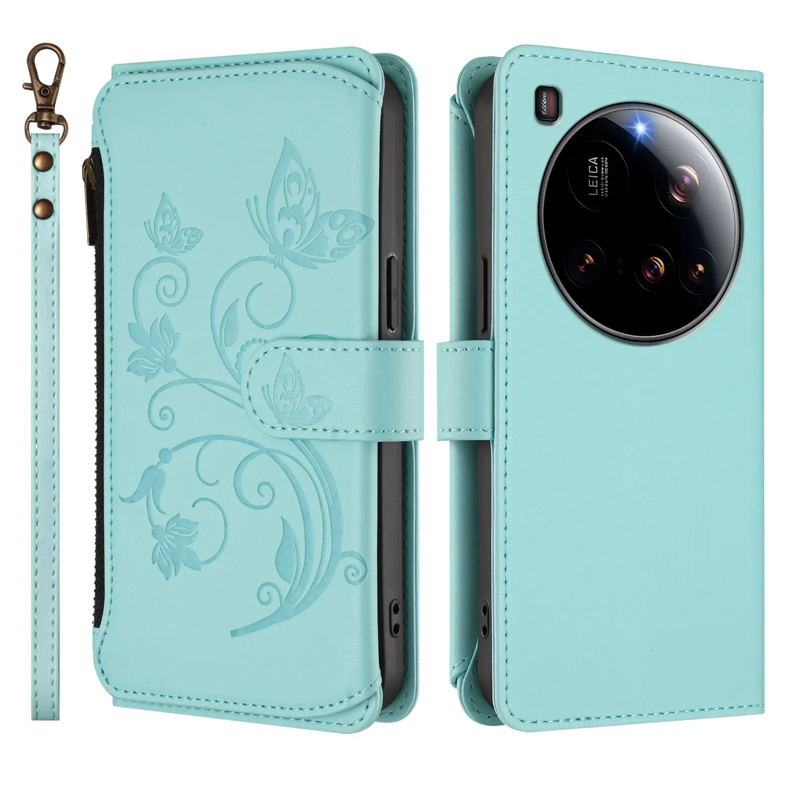 Casing Kulit Xiaomi 15 Ultra Motif Kupu-kupu Floral dengan Ritsleting, Penyangga, dan Tali Pergelangan Tangan - Hijau Mint