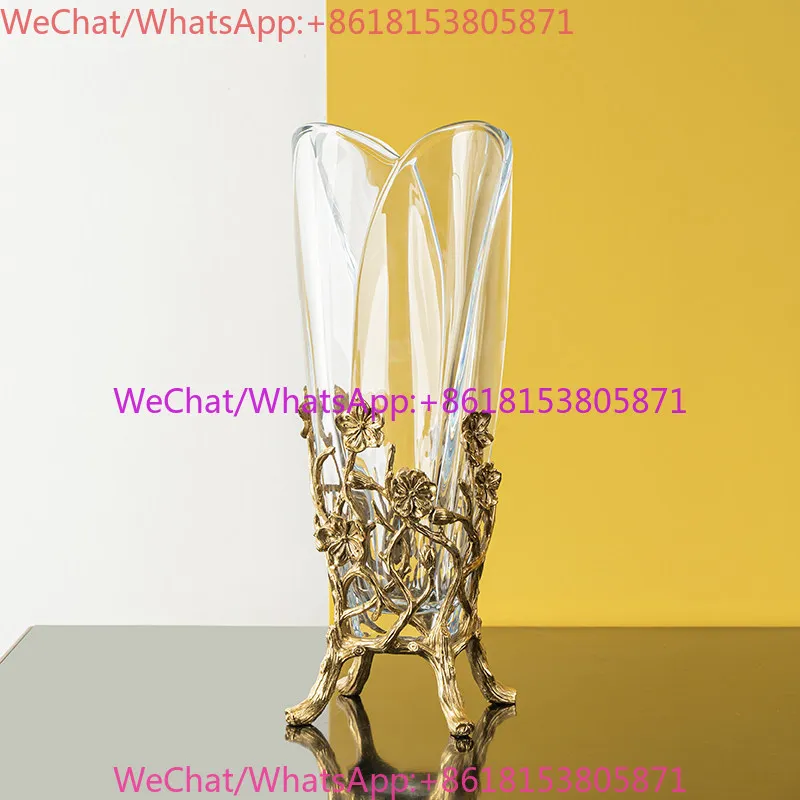 Crystal with copper vase, European-style American high-end luxury living room entrance vase ornament