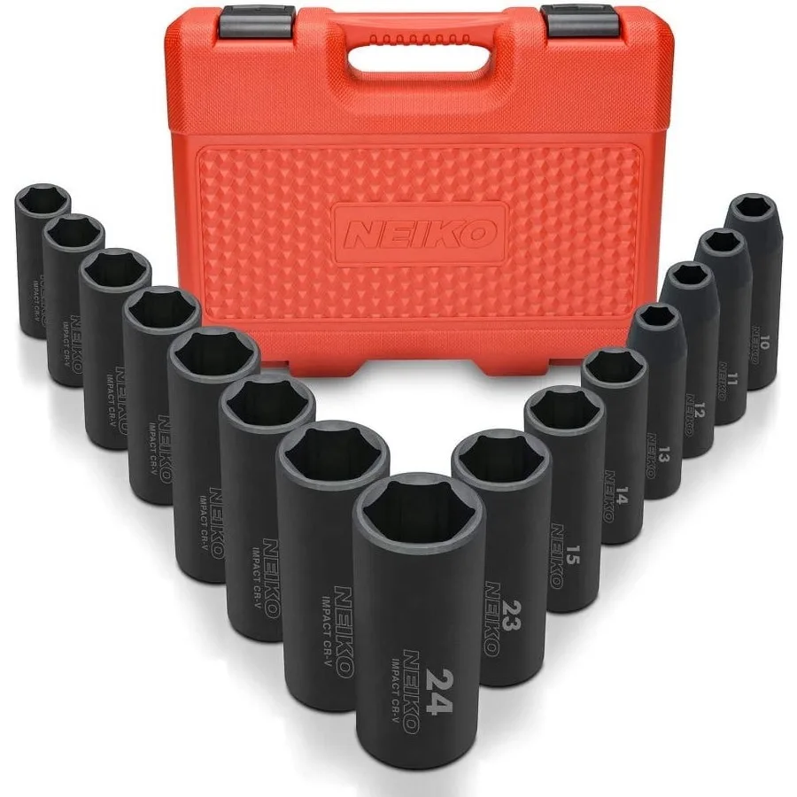 

1/2 Impact Socket Set 15-Piece Metric Deep Sockets 10-24 mm 6-Point Chrome Vanadium Cr-V for Automotive Repair Mechanical Work,