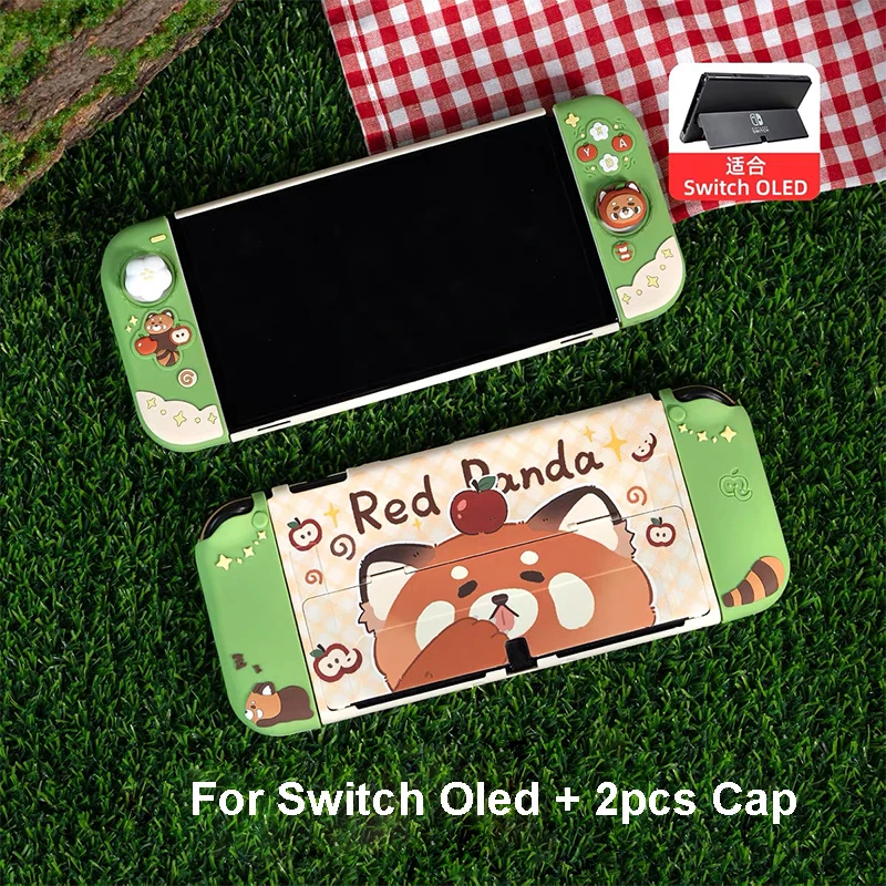 Kawaii siliconen beschermhoes en JoyCon Cover voor Nintendo Switch 2/OLED met 1 paar aangepaste duimgrepen schattige rode panda
