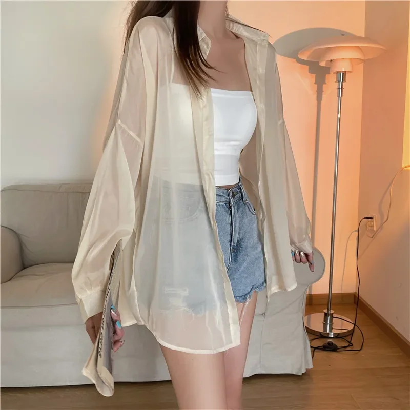 See Through Chiffon Holiday Beach Shirts 2023 Fashion Women Blouse Summer Long Sleeve Tops Sun Protection Clothes Blusas 22209