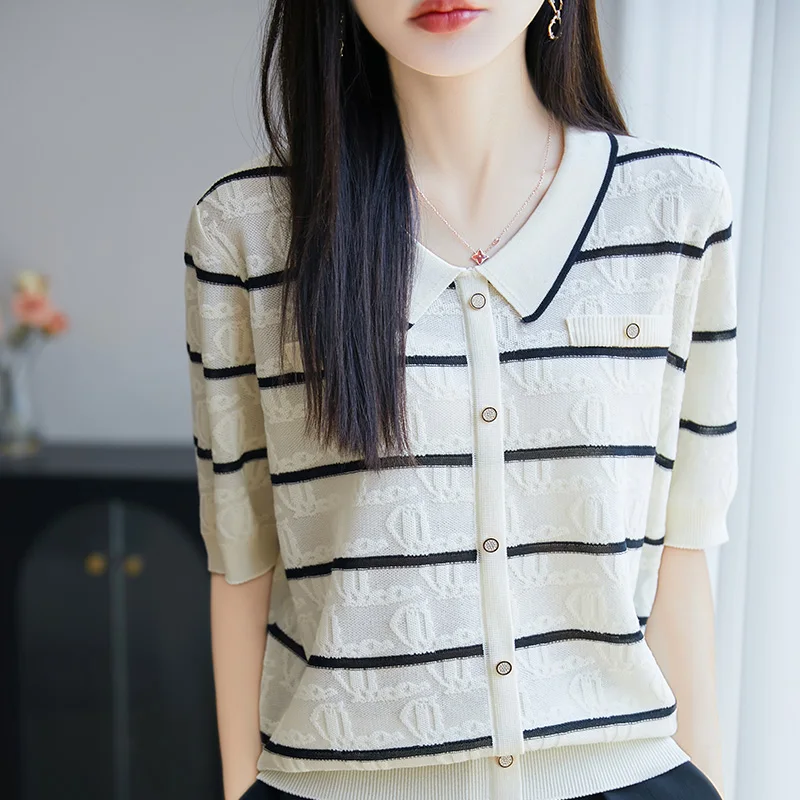 

Summer new women's T-shirt 100% Lyocell Tees casual jacquard pullover short sleeved lapel loose striped pink Jumper simple HOT