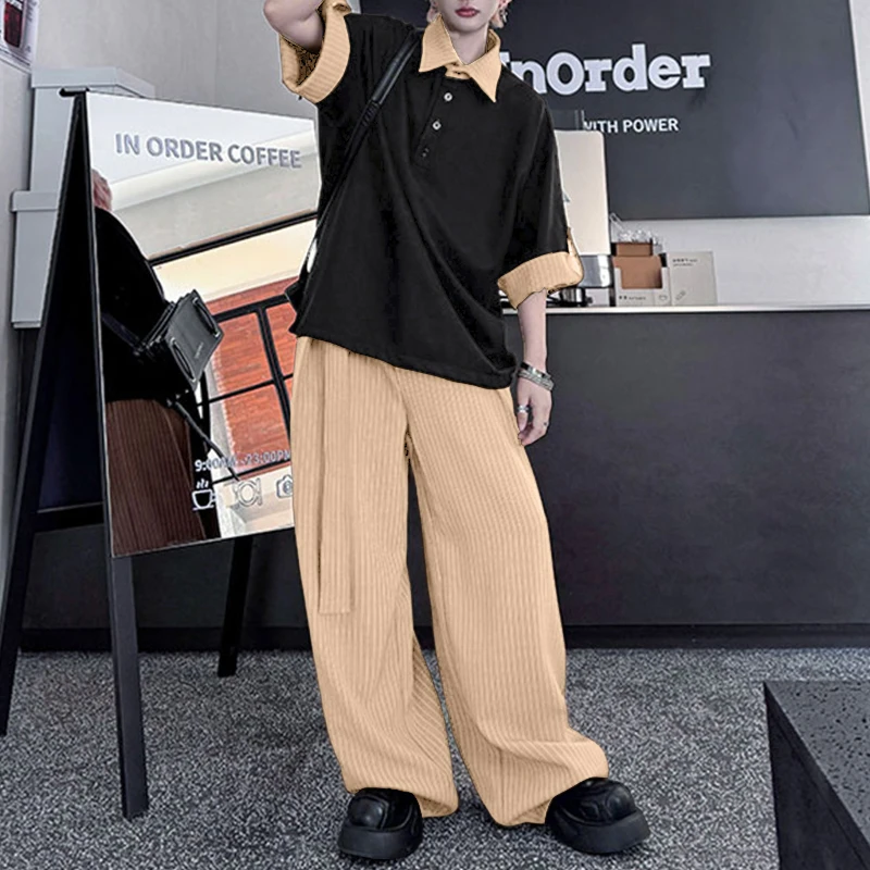 ชุดเซ็ตผู้ชาย INCERUN เสื้อเชิ้ตแขนสั้นลายทางต่อผ้าปกตั้ง & กางเกงขายาวผูกเชือก ชุดสองชิ้น สไตล์สตรีทแวร์ ทรงหลวม สบายๆ ชุดสูทผู้ชาย