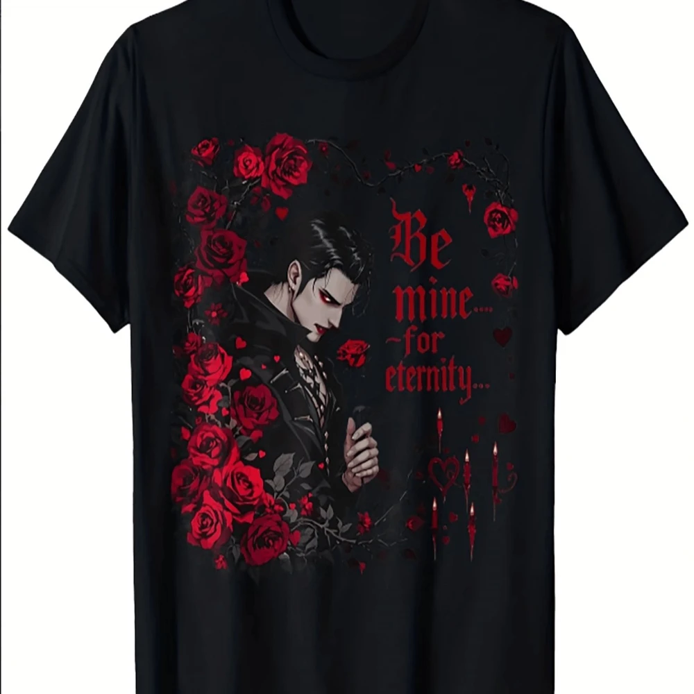 Men' S Gothic Anime Vampire T- Shirt Cotton Stretch Vampire Valentine' S Blood Red Rose Vampire Graphic Short Sleeve for Summer
