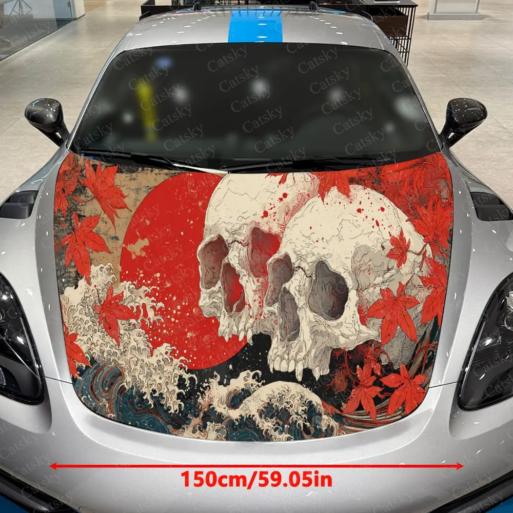 Japanese Ukiyo-e Skull & Maple Leaf Car Vinyl Wrap, PVC Waterproof Car Hood Sticker, Self-Adhesive Scratch-Resistant Stickers