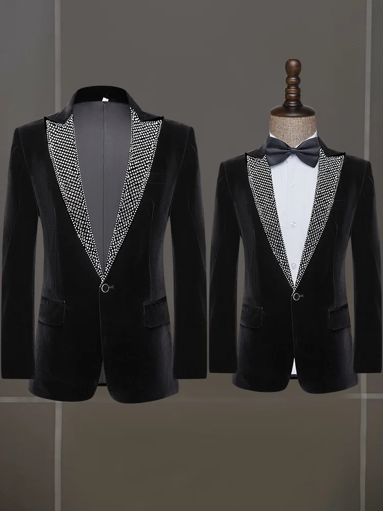 Men Rhinestones Wedding Suit Jacket Black Velvet Tuxedo Prom Concert Banquet Party Costume Singer Stage Host Slim Fit Blazer