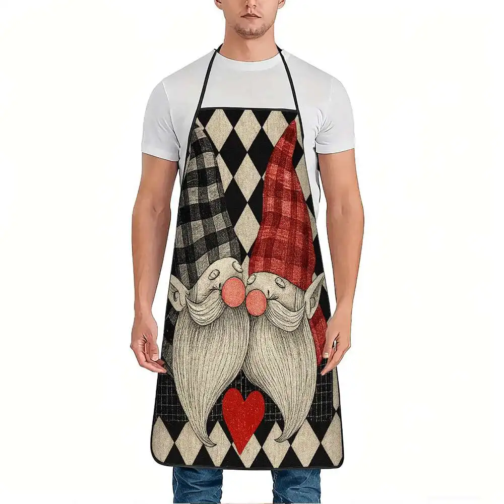 1pc Kissing Gnomes Love Heart Print Apron, Durable and Easy to Clean, Adjustable Waistband, Polyester Material, for Kitchen Cook