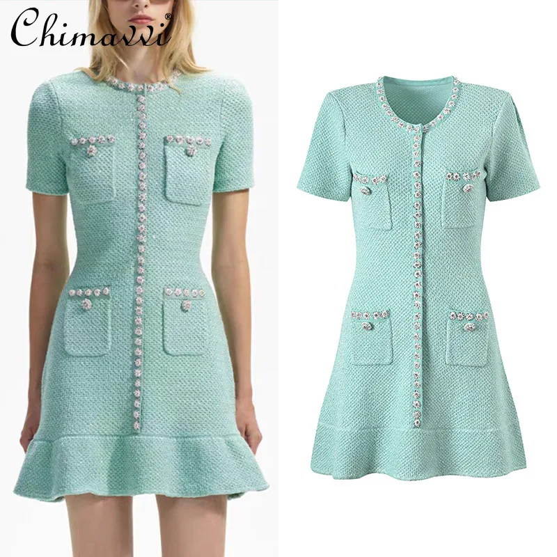 Elegant Mint Green Heavy Diamond Sequins Single-breasted Lotus Leaf Edge Dress Autumn Fashion Waist Short Knitted Dresses Women