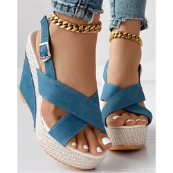 Fashion Women Ankle Strap Denim Platform Wedge Summer Lady Peep Toe Sandals Casual Streetwear Korean Style High Heel Shoes
