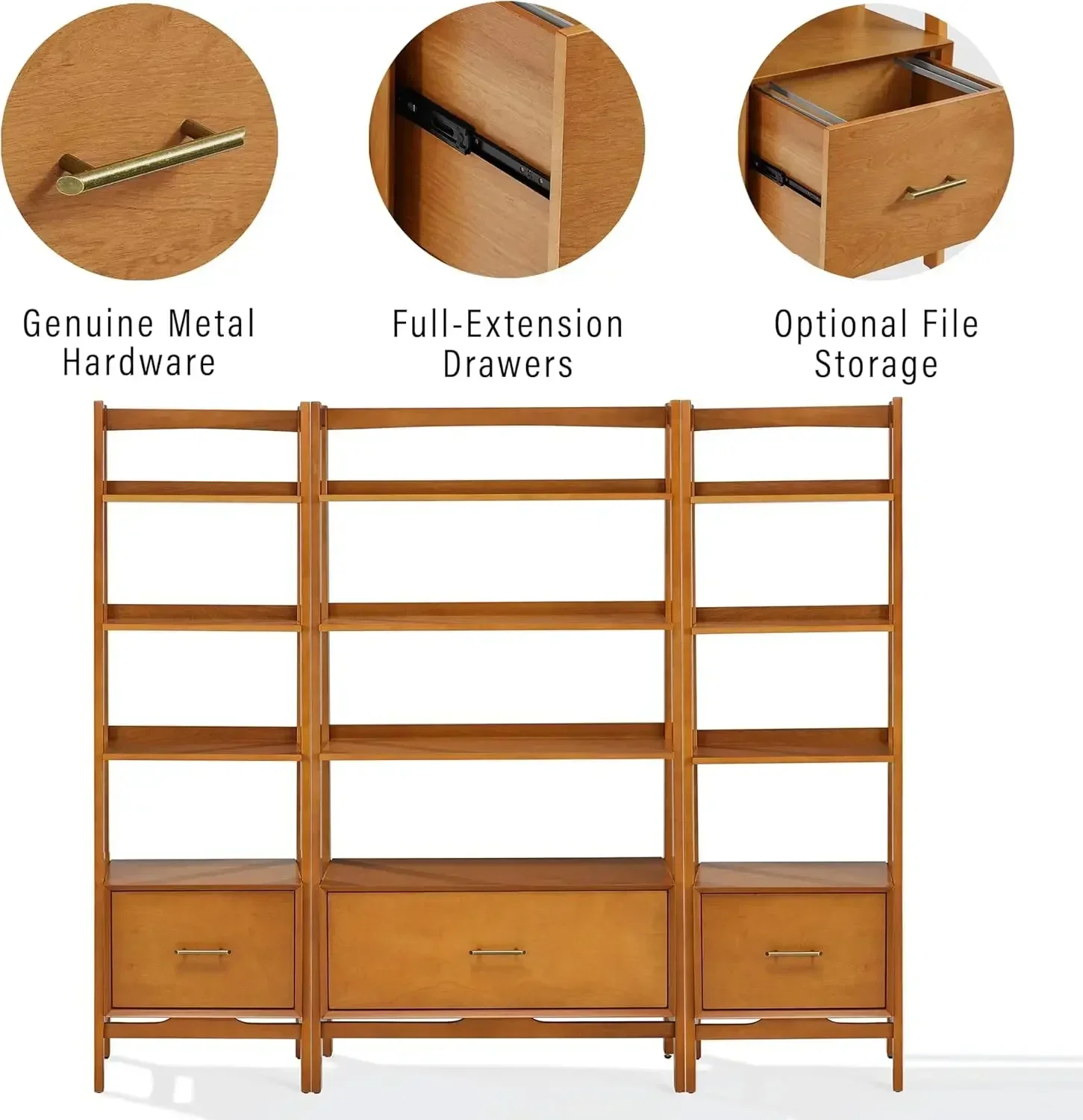 Customizable-3-Piece Bookshelf Etagere Set, Bookcase With Shelves And File Drawers, Acorn